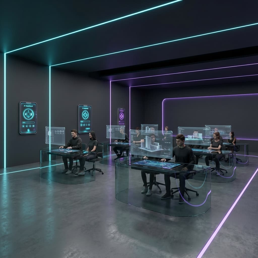 Futuristic digital classroom featuring interactive smartboards, AI-powered learning tools, and students engaged with technology