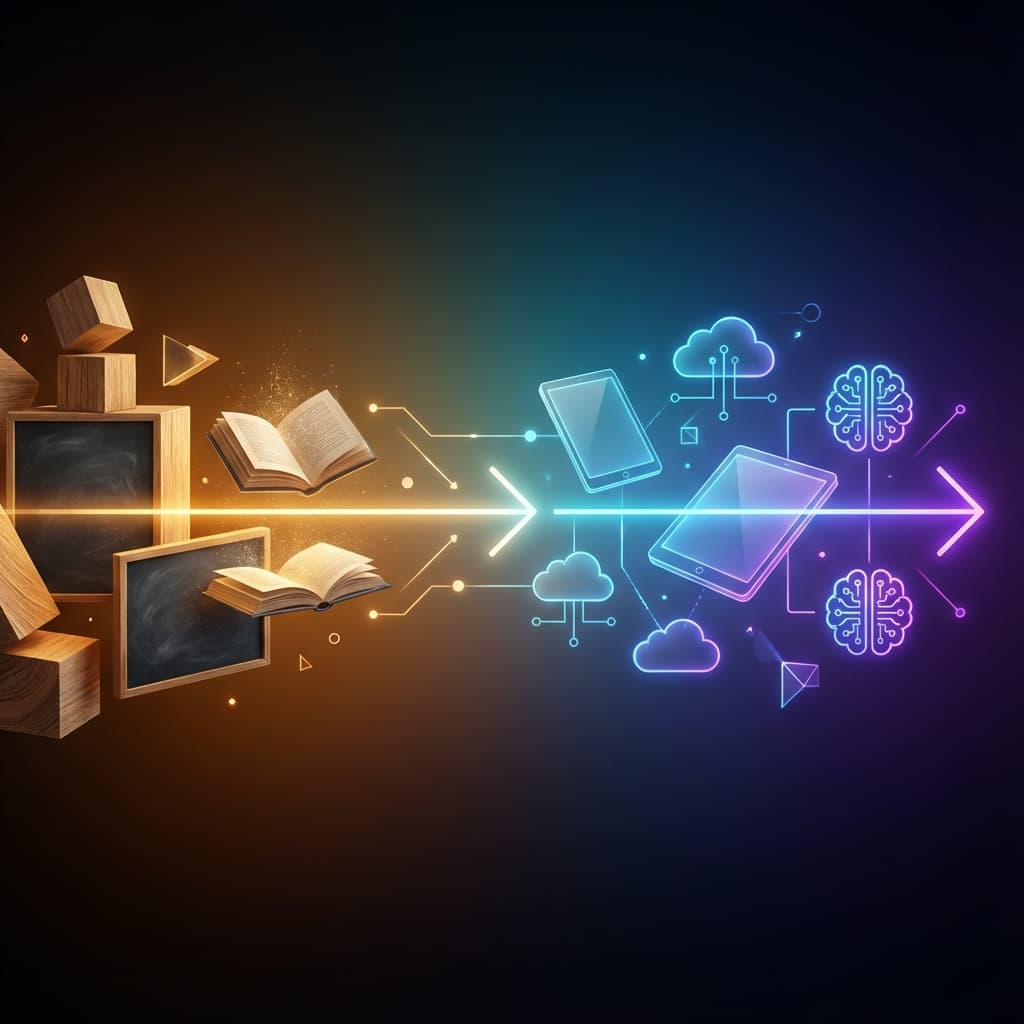 Timeline showing the evolution of school technology from traditional chalkboards to modern AI-powered digital learning platforms